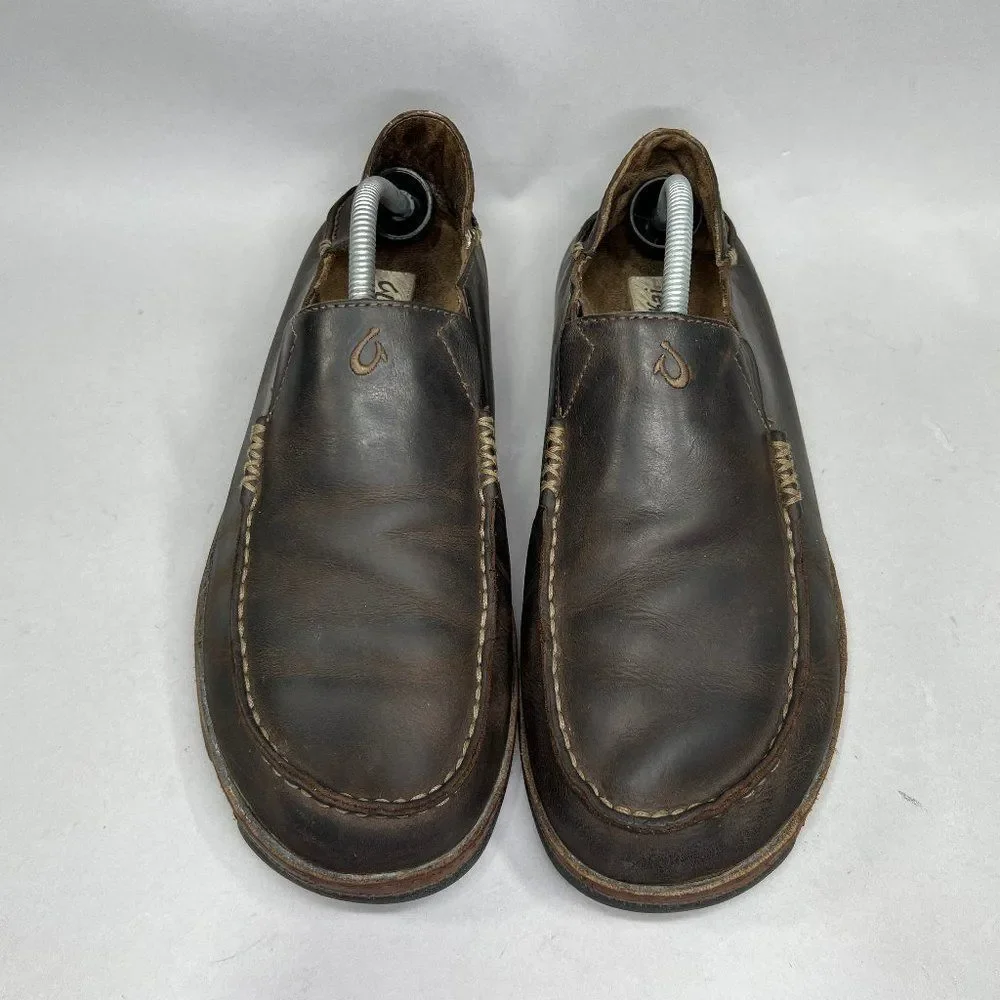 Olukai Moloa‎ Shoes Men's Size 10.5 Brown Leather Comfort Casual Slip On Loafers